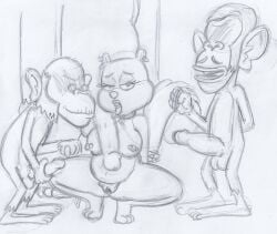 2023 anthro ape balls breasts buckteeth chimpanzee collar ear_piercing eastern_grey_squirrel eyewear facial_hair female genitals glasses graphite_(artwork) grey_squirrel greyscale group half-closed_eyes haplorhine hi_res lord_reginald male mammal monochrome moustache narrowed_eyes nickelodeon nickelodeon_animation_studio nipple_piercing nipples nude pan_(genus) penis piercing primate professor_percy pussy rodent sandy_cheeks sciurid sketch spongebob_squarepants takeshi1000 teeth tongue tongue_out traditional_media_(artwork) tree_squirrel united_plankton_pictures vulva