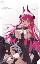 azur_lane bare_shoulders bat_(animal) black_dress black_panties black_thighhighs blue_eyes boots breasts cg cleavage demon_girl demon_horns demon_wings detached_sleeves dress earrings female heterochromia horns jewelry large_breasts long_hair looking_at_viewer low_wings mecklenburg_(azur_lane) nail_polish open_mouth panties pink_eyes pink_hair pointy_ears red_eyes sitting smile solo tail thigh_strap thighhighs thighs tongue tongue_out underwear very_long_hair virtual_youtuber wings