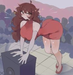 1girls ass breasts brown_hair doggy_style female female_focus fnf friday_night_funkin girlfriend_(friday_night_funkin) gloves heels high_heels hoshoidk long_gloves long_hair looking_at_viewer multiple_people public red_eyes red_heels showing_ass skinny sparkles speaker tagme white-skinned_female white_gloves white_pupils white_skin