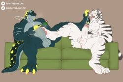 3:2 anthro anthro_on_anthro anus balls bara big_penis blue_balls blue_body blue_eyes blue_penis bodily_fluids controller cum cum_on_arm cumshot duo ejaculation feet felid foot_fetish foot_lick foot_play footjob fur furniture genital_fluids genitals glans hi_res holding_controller holding_object humanoid_genitalia humanoid_penis johnthelewd_art licking male male/male mammal muscular muscular_anthro muscular_male narrowed_eyes nipples nude on_sofa open_mouth pantherine pecs penis pink_anus pink_glans pink_nipples pink_tongue scalie sex sitting sofa spread_legs spreading striped_arms striped_legs tiger tongue tongue_out white_body white_fur white_penis yaoi yellow_eyes yellow_glans
