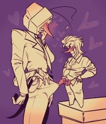 2boys 4_arms blush boner_in_pants deltarune deltarune_chapter_2 deltarune_chapter_3 gay penis_visible_through_clothing penises_touching precum precum_through_clothing spamton_g_spamton tenna_(deltarune) them_nasties tips_touching touching_tips tv_head yaoi