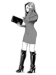 1female 1girls adult adult_female asian asian_female asian_girl black_and_white black_boots boot_fetish boots clothes enkaboots fashion fashionista female female_focus female_only high_heel_boots high_heels knee_boots kneehigh_boots leather leather_boots leather_clothing long_hair long_hair_female long_legs monochrome not_porn original original_character original_characters safe safe_for_work sfw sweater sweater_dress tall_boots