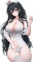 ahoge azur_lane bare_shoulders belt black_hair blush bra breasts cg cleavage closed_mouth collarbone crossed_bangs female hair_between_eyes hand_up hat id_card large_breasts long_hair looking_at_viewer navel nurse_cap off_shoulder open_clothes open_shirt panties partially_unbuttoned red_eyes shirt simple_background smile solo stomach taihou_(azur_lane) thighhighs thighs underwear very_long_hair white_background white_bra white_headwear white_panties white_shirt white_thighhighs