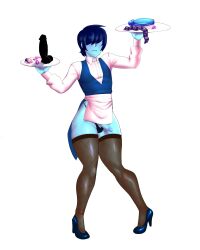 beetqb blinding_bangs blue_body blue_skin blushing butler deltarune deltarune_chapter_3 dildo fishnet_legwear fishnets high_heels kris_(deltarune) male nonbinary nonbinary_(lore) penis presenting presenting_penis sex_toy sex_toys thong undertale_(series) waiter