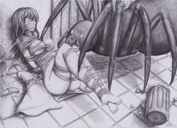 bathroom big_breasts bondage breasts female gag gagged naked naked_female nude nude_female scared scared_expression spider sweat sweating web web_bondage web_gag