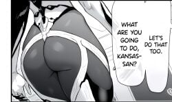 1boy ass ass_focus azur_lane bodysuit cg close-up comic dark-skinned_female dark_skin english_text female from_behind greyscale head_out_of_frame huge_ass kansas_(azur_lane) long_hair lower_body male monochrome solo speech_bubble thick_thighs thighs very_long_hair