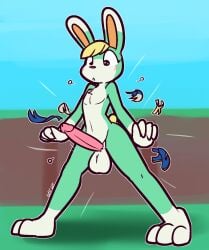 2025 3_toes 4_fingers animal_crossing anthro balls big_balls big_penis black_eyes blonde_hair chest_tuft clothing dipstick_tail embarrassed erection feet fingers front_view frown fur genitals glans gloves_(marking) hair hi_res humanoid_genitalia humanoid_penis lagomorph leg_markings leporid looking_down male mammal markings nintendo orange_inner_ear outside penis pink_glans pink_nose pink_penis rabbit sasha_(animal_crossing) socks_(marking) solo standing tail tail_markings toes tuft ultilix wardrobe_malfunction yellow_body yellow_fur
