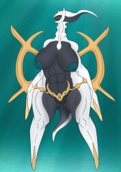 2025 abs abstract_background absurd_res anthro arceus big_breasts black_body breasts creatures_(company) creatures_inc. female game_freak gen_4_pokemon generation_4_pokemon genitals gold_(metal) green_sclera hi_res legendary_pokemon muscular muscular_female mythical_pokemon nintendo nipples pokemon pokemon_(species) pokemon_dppt pussy red_eyes solo thick_thighs vulva watchmann white_body
