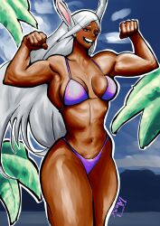 beach breasts evangel_babango female fit fit_female flexing flexing_arms flexing_bicep flexing_both_biceps flexing_muscles looking_at_viewer miruko muscle_girl muscle_mommy muscles muscular muscular_female my_hero_academia navel open_mouth reference rumi_usagiyama summer white_hair