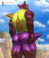 5:6 absurd_res alien artist_name blue_sky bottomwear brown_body brown_ears clothed clothing cloud erection erection_under_clothing green_clothing green_topwear hi_res humanoid johnthelewd_art looking_at_viewer male male_humanoid muscular muscular_humanoid muscular_male open_mouth orange_clothing orange_topwear outside portrait purple_bottomwear purple_clothing rear_view sky solo standing teeth text three-quarter_portrait topwear yellow_eyes