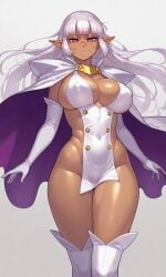 1girls ai_generated arcana_heart cape dark_skin female kosine1777 krekk0v_(ai_style) long_hair long_white_hair no_panties parace_l'sia pelvic_curtain shoulder_pads sideless_outfit white_boots white_gloves white_hair