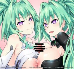 1boy 2girls bar_censor blush bodysuit breast_press breasts censored cleavage double_paizuri erect_nipples gloves green_hair green_heart has_uncensored_version large_breasts long_hair looking_at_viewer masturbation multiple_girls multiple_paizuri neptunia_(series) nipples open_mouth paizuri penis pink_background ponytail pov power_symbol purple_eyes sereneandsilent sex shiny shiny_hair shiny_skin solo_focus straight symbol-shaped_pupils symmetrical_docking teamwork tied_hair upper_body vert very_long_hair