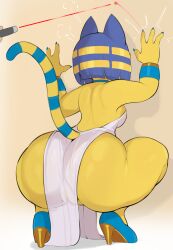 absurd_res animal_crossing ankha_(animal_crossing) anthro ass biped blue_hair breasts clothed clothing crouching domestic_cat dress felid feline felis female footwear genitals hair hi_res high_heels mammal nintendo no_underwear pussy shoes solo tail thick_thighs translucent translucent_clothing translucent_dress usnarbit vulva white_clothing yellow_body