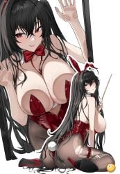 against_glass alternate_costume animal_ears ass azur_lane bare_shoulders between_breasts black_hair blush bow bowtie breast_press breasts brown_pantyhose cg cleavage crossed_bangs detached_collar fake_animal_ears fake_tail female fishnets hair_between_eyes high_heels highleg highleg_leotard large_breasts leotard long_hair looking_at_viewer looking_back multiple_views official_alternate_costume pantyhose playboy_bunny rabbit_ears rabbit_tail red_bow red_bowtie red_eyes red_leotard sitting smile strapless strapless_leotard taihou_(azur_lane) taihou_(fun_on_the_baize)_(azur_lane) tail thigh_strap tongue tongue_out torn_clothes torn_pantyhose very_long_hair wariza white_background wrist_cuffs
