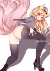 ahri alternate_hair_color animal_ears anus ass black_legwear blonde_hair blush bottomless breasts female fox_ears fox_tail hat high_heels leaftter league_of_legends looking_at_viewer looking_back multi_tail multiple_tails nail_polish pink_nails popstar_ahri pussy solo tail thighhighs vastaya yellow_eyes