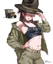1girls absurd_res absurd_resolution absurdres angry angry_expression annoyed annoyed_expression belly belly_button belt breasts brown_hair car cars_(film) color colored disney female female_only green hand_on_hat hand_on_hip hat high_res high_resolution highres humanized jacket jeans looking_at_viewer military military_uniform mole mole_on_belly mole_on_stomach mouth_open nipple_bulge nisp_art original petite petite_body petite_female pixar red_eyes sarge_(cars) skinny small_boobs small_breasts sports_bra stomach teeth_showing tummy