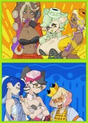 6girls belly_button big_breasts black_hair blue_background blue_hair breast_envy breast_size_difference breasts callie_(splatoon) closed_eyes clothed clothed_female clothes clothing crown dark-skinned_female dark_skin deep_cut_(splatoon) ear_piercing earrings eyes_closed female female_only femboy frown frowning frye_(splatoon) gloves headphones headset headwear inkling inkling_girl male marie_(splatoon) marina_(splatoon) nintendo octoling octoling_girl off_the_hook_(splatoon) pearl_(splatoon) pink_highlights purple_tongue smile smiling splatoon splatoon_(series) splatoon_2 splatoon_3 squid_sisters tagme white_hair yellow_background yellow_eyes yellow_hair yellow_tongue 破坏海胆_boom_(artist)