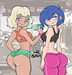 2girls ass breasts cartoon_network chocolate_and_vanilla crop_top dark_skin dat_ass disney disney_channel ed_edd_n_eddy eyeshadow female_only freckles from_behind gym_shorts hair_over_one_eye hourglass_figure huge_ass jackie_lynn_thomas kanker_sisters leggings looking_at_viewer looking_back marie_kanker samson_00 short_shorts shorts smile star_vs_the_forces_of_evil teenager yoga_pants