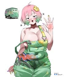 1girls absurd_res absurd_resolution absurdres areolae_peeking big_breasts blush breasts car cars_(film) chubby chubby_female color colored curvy curvy_female disney english_text female female_only fillmore_(cars) fingernails green_hair hair_ornament high_res high_resolution highres humanized lazy looking_at_viewer massive_boobs massive_breasts mole_on_breast multicolored_fingernails multicolored_hair multicolored_nails nail_polish nipple_peek nisp_art original ping_hair pixar rule_63 text thick thick_female waving waving_at_viewer