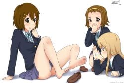 3girls artist_request blonde_hair blue_eyes brown_hair commission disgusted feet feet_up girls_only hair_clips hairband holding_nose k-on! laying_down panties ritsu_tainaka_(k-on!) school_uniform shoes_removed simple_background sitting smell smelly smelly_feet squatting stinky stinky_feet tsumugi_kotobuki_(k-on!) upskirt uwabaki waving_hand yui_hirasawa_(k-on!)