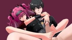1boy 1girls 3d 3d_(artwork) artist_request bottomless erection feet feet_fetish feet_focus feet_on_penis feet_together female foot_fetish footjob footjob_from_behind highres light-skinned_female light-skinned_male light_skin lupa_(wuthering_waves) male male_rover_(wuthering_waves) penis pink_hair red_hair rover_(wuthering_waves) simple_background submissive submissive_male toenails toes twintails two-footed_footjob wuthering_waves yellow_eyes