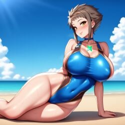 1girls ai_generated areola areolae arm_behind_back arm_support bare_arms bare_legs bare_shoulders beach big_ass big_breasts blush breasts brown_hair cameltoe chest_jewel choker cloud collarbone covered_navel female genderswap_(mtf) huge_ass huge_breasts legs_together long_eyelashes looking_at_viewer massive_breasts novelai ocean on_side one-piece_swimsuit outdoors outside pointy_hair posing posing_for_the_viewer rex_(xenoblade) rule_63 rule_63 sideboob sidelocks sideways_glance sitting sitting_on_ground sitting_on_side solo solo_female sweat swimsuit taut_clothes tgm101_(artist) thick_lips thick_thighs thin_waist turning_head wide_hips xenoblade_(series) xenoblade_chronicles_(series) xenoblade_chronicles_2 yellow_eyes