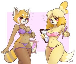 2017 2d aggressive_retsuko aggretsuko animal_crossing anthro bag blush border bra breasts canine chest_tuft cleavage clothed clothing crossover digital_media_(artwork) dildo dipstick_tail duo eyelashes female fur hair holding_object isabelle_(animal_crossing) legwear looking_at_viewer mammal multicolored_tail navel nintendo notepad office_lady open_mouth open_smile panties pen purple_background red_panda retsuko sanrio secretly_saucy sex_toy shih_tzu simple_background smile standing stockings straight_hair sweat thigh_highs tuft underwear video_games white_border