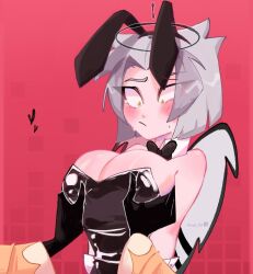 1boy1girl adam_(hazbin_hotel) angel_boy angel_girl angel_humanoid angel_wings artist_request black_halo blushing_female breasts bunny_ears confused_look female guitarspear hazbin_hotel hellaverse lute_(hazbin_hotel) male red_background short_hair touching_breasts vivienne_medrano vivziepop white_hair