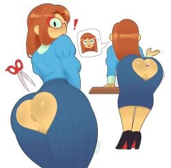 ! 1girls anus ass ass_focus ass_shot backboob big_ass blue_dress blue_shirt blush breasts brown_hair buttplug buttplug_in_ass close-up cut_clothes dress exclamation_point exposed_anus exposed_ass exposed_pussy exqmaster eyewear female female_only footwear glasses hair heart_cutout heels high_heels huge_ass kindergarten_(game) kindergarten_3 long_hair looking_back mature mature_female motion_lines ms._lovelett pussy red_glasses scissors shirt solo solo_female speech_bubble teacher vagina
