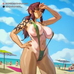 ai_generated areolae arm_tattoo bare_thighs beach black_lagoon breasts brown_eyes brown_hair exposed_breasts female gigantic_breasts huge_areolae huge_breasts huge_nipples huge_thighs kamixxx massive_breasts mature_female nipples oiled_body oiled_skin ponytail puffy_nipples pussy pussy_visible_through_swimsuit revy rizdraws_(ai_style) sling_bikini slingshot_swimsuit solo_female squatting sweat sweatdrop tan-skinned_female tan_body tanline tanned_female tanned_skin tattoo thick_body thick_female thick_thighs thighs voluptuous voluptuous_female