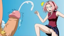 action_lines action_pose ai_assisted blue_skirt cloud cum cum_drip cum_dripping_from_penis cumshot ejaculation erection green_eyes handsfree_ejaculation headband legs naruto outdoors pink_hair premature_cumshot premature_ejaculation projectile_cum pubic_hair pussy red_shirt sakura_haruno sakura_haruno sky surprised surprised_expression twitching_penis unexpected_cumshot upskirt upskirt_view uzumaki_naruto uzumaki_naruto veiny_penis white_skinned_female