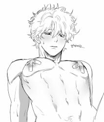 bandaids_on_nipples blush gintama gintoki_sakata male male_only monochrome nude oiiiioioioiio pasties pecs puffy_nipples solo sweatdrop toned toned_male upper_body