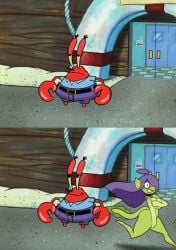 1boy 1girls anthro ass belt blue_pants blue_shirt breasts covering covering_breasts crab crustacean duo edit eel eelie_applebottom female fish green_skin hair long_hair male marine meme mr_krabs nickelodeon nude nude_anthro nude_female nude_female_clothed_male oc other-fels pants purple_hair red_body running shirt smiling spongebob_squarepants streaking tagme tail