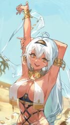 1girls ahoge antenna_hair arm_above_head arm_behind_head arm_up armband armpit armpit_crease armpit_peek armpits belly belly_button big_breasts big_breasts breasts brown-skinned_female brown_skin brown_skinned_female busty busty_female busty_girl character_request collarbone copyright_request dancer_outfit dancing_costume digital_drawing digital_media elbows female female_focus female_only fingers hair_between_eyes hair_ornament hair_ornaments hairless_armpits hand_above_head hand_behind_head hand_up happy high_resolution highres large_boobs large_breasts lean_figure lips long_hair looking_at_viewer lucadark midriff mole mole_on_breast narrow_waist navel open_mouth open_mouth_smile outdoor outdoors outside parted_lips plump_breasts shaved_armpits shoulders simple_background slender_body slender_waist slim_waist solo standing tongue upper_body upper_teeth white_eyebrows white_hair white_hair_female yellow_eyes yellow_eyes_female