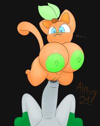4:5 alpog21_(artist) anthro big_leafs blue_eyes breasts busty_feral domestic_cat duo felid feline felis female feral floating genitals green_nipples green_nose grey_penis happy hi_res leaf male mammal nipples orange_body orange_breasts orange_ears orange_head orange_legs orange_paws orange_tail orange_vulva penis plump_labia pussy rubbing_pussy rubbing_tip stem stem_on_head tail trod vulva
