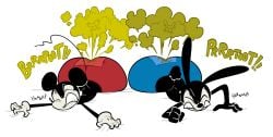 2boys 2d 2d_artwork alttenn ass big_ass big_butt black_body black_fur brown_far_cloud brown_fart closed_eyes clothes disney epic_mickey fart fart_cloud fart_fetish fart_focus fart_stain farting furry furry_only gloves grunting handwear lying_on_stomach male male_fart male_only mickey_mouse mouse nonhuman onomatopoeia oswald_(character) oswald_the_lucky_rabbit pants rabbit shorts skull skull_and_crossbones stink straining tail teeth