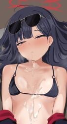 absurdres bikini black_bikini black_eyes black_hair blue_archive blush breasts commentary cum cum_on_body eyewear_on_head female halo highres ichika_(blue_archive) ichika_(swimsuit)_(blue_archive) long_hair looking_at_viewer o-ring o-ring_bikini o-ring_top official_alternate_costume parted_lips red_halo small_breasts solo sunglasses swimsuit upper_body variant_set ykt_scl