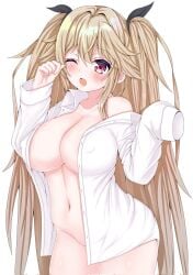 1girl anchorage_(azur_lane) azur_lane breasts center_opening convenient_censoring covered_erect_nipples cute female huge_breasts innocent innocent_expression naked_shirt one_eye_closed open_shirt oversized_clothes oversized_sleeves simple_background sleeves_past_fingers solo thick_thighs white_background white_shirt wide_hips yawning