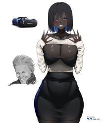 1girls absurd_res absurd_resolution absurdres ass belly_button belly_button_visible_through_clothing big_breasts black_hair blush breasts car cars_(film) cleavage color colored dark-skinned_female dark_hair dark_skin disney earrings female female_only fingernails grey_eyes grey_lipstick high_res high_resolution highres humanized jackson_storm jewelry lipstick long_fingernails looking_at_viewer miniskirt multicolored_hair necklace nisp_art original panties_visible_through_clothing piercing pixar rule_63 skinny skinny_female skirt smirk sweater tight_skirt tights vergil_(devil_may_cry) white_sweater