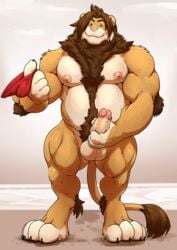 2017 anthro balls barbed_penis biceps body_hair chest_hair chest_tuft clothing digital_media_(artwork) erection feline fur grisser hair lion looking_at_viewer male male_only mammal musclegut nipples nude pecs penis precum pubes simple_background smile solo standing tuft underwear