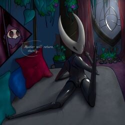 2021 2_toes ambiguous_gender anthro anus arthropod bed bedroom black_body black_exoskeleton black_sclera bodily_fluids detailed_background dialogue duo earless embarrassed english_text exoskeleton eyebrowless feet female female_anthro female_focus furniture genitals glistening glistening_body glistening_exoskeleton grimmkin_novice_(hollow_knight) high-angle_view holding_object hollow_knight horn hornet_(hollow_knight) insects inside leaf looking_at_viewer looking_back on_bed pillow plant plant_pot potted_plant presenting presenting_anus presenting_vulva pupils pussy raised_leg rear_view shaking skinny slit_pupils solo_focus speech_bubble sweat sweatdrop team_cherry text thin_arms thin_legs toes tohjoma vulva white_eyes window