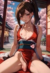 ai_generated bare_chested brown_hair bulge_through_clothing bulge_under_clothes fatal_fury femboy genderswap_(ftm) hakama legs_spread mai_shiranui male sissydavid smile snk