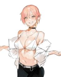 1girls adult adult_female bare_belly bare_chest bare_hands bare_midriff bare_navel bare_shoulders bare_skin belly belly_button bra breasts choker cleavage collarbone digital_drawing digital_media exposed_belly exposed_chest exposed_midriff exposed_navel exposed_shoulders exposed_skin female female_focus female_only fingers hair_between_eyes high_resolution highres jeans lean_figure lips looking_at_viewer lucadark mature mature_female medium_breasts medium_hair midriff narrow_waist navel neckalce open_clothes open_clothing open_shirt open_topwear original original_art original_artwork original_character parted_lips pink_eyebrows pink_hair pink_hair_female shirt short_hair shoulders simple_background slender_body slender_waist slim_waist smile smiley_face smiling smiling_at_viewer solo standing unbuttoned unbuttoned_shirt underwear upper_body white_background white_bra white_shirt white_topwear white_underwear yellow_eyes yellow_eyes_female