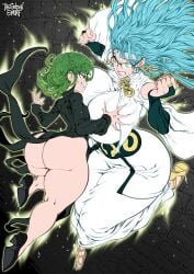 2girls action alternate_breast_size anger_vein angry_expression angry_female artist_name ass_focus aura blue_hair breast_grab breast_size_difference breast_squeeze breasts clenched_fists detailed_background energy esper exposed_ass female female_only fight fighting flat_chested fully_clothed glasses grabbing_another's_breast green_eyes green_hair hero heroine hourglass_figure huge_ass huge_breasts looking_at_another massive_breasts multiple_girls one-punch_man psykos short_hair small_breasts smile smug_expression smug_grin tatsumaki thegoldensmurf thick_thighs villain_on_hero