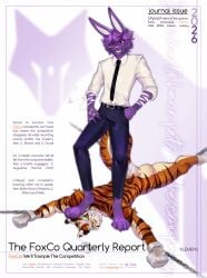 anthro ball_gag blindfold bondage dominant duo english_text felid gag hi_res immobilization klemens lagomorph leporid male male/male mammal office pantherine rabbit text tiger