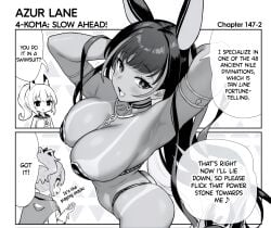 +_+ 2girls :d animal_ears armlet armpits arms_behind_head arms_up ass azur_lane bikini blunt_bangs blush breasts cg chibi choker cleavage cleopatra_(azur_lane) cleopatra_(stars_and_roses)_(azur_lane) comic crown dark-skinned_female dark_skin english_text fake_animal_ears female greyscale headgear highleg_leotard large_breasts leotard long_hair looking_at_viewer mole monochrome multicolored_hair multiple_girls open_mouth playboy_bunny ponytail rabbit_ears school_uniform smile speech_bubble swimsuit tan thong very_long_hair