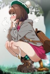 1girls 2025 2d 2d_(artwork) 2d_artwork ai_art ai_generated blush brown_eyes brown_hair censored color crouching defecation embarrassed female frown game_freak gloria_(pokemon) hat nintendo outdoors panties panties_down pink_skin pokemon pokemon_ss pooping pooping_on_floor scat shitting skirt squatting stained_panties thighs upskirt video_games white_panties