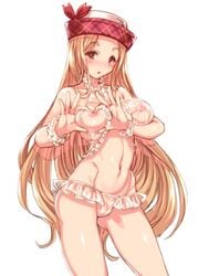 ass ass_visible_through_thighs bare_shoulders blonde_hair breasts brown_eyes diola_(granblue_fantasy) female frilled_panties frills granblue_fantasy groin harigane_shinshi hat heart heart-shaped_boob_challenge heart_hands highres looking_at_viewer navel nipples panties scrunchie solo underwear white_background wrist_scrunchie