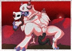 absol all_the_way_through anus black_cum black_eyes black_tentacles blue_anus blue_body blue_skin blue_vulva blush bodily_fluids bulge claws colored_cum cracked_horn creepy_face cum disturbed eyelashes female feral fluffy fur generation_3_pokemon genital_fluids genitals glowing glowing_genitalia grass hi_res horn horror_(theme) infection lewd_lorraine lorraine_(absol) mask moon mountain nintendo oral oral_penetration penetration plant pokemon pokemon_(species) pussy red_background red_glow red_moon scales scary sex shaking simple_background smile solo spikes tail tears tentacle tentacle_penetration tentacle_sex under_control unusual_bodily_fluids unusual_cum unusual_genital_fluids vaginal_penetration vulva watermark white_body white_fur