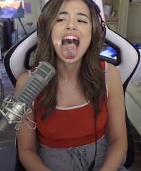 1girls ahe_gao ahe_gao ahegao_face ahoge ai_generated bare_legs beautiful clothed clothing cum cum_drip cum_in_mouth cumshot female female_only general long_hair open_mouth pokimane realistic sam0009 seductive seductive_look seductive_smile simple_background smile smiling_at_viewer solo solo_female teasing twitch twitch.tv white_body youtube youtuber